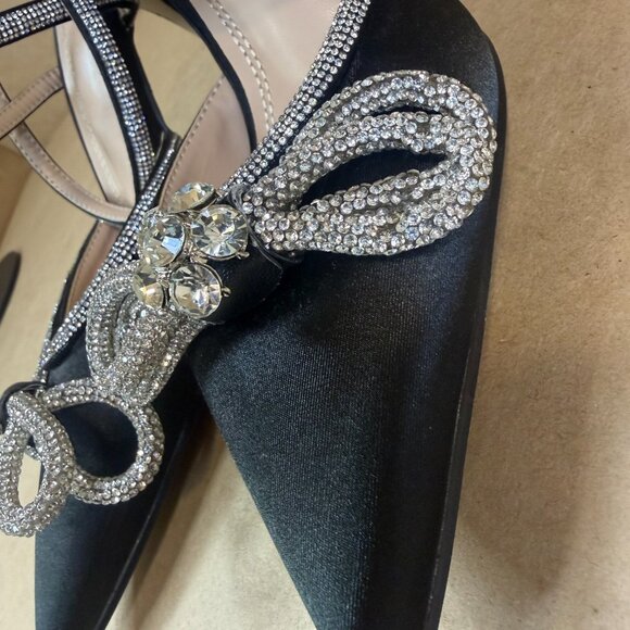 Hayixia Black Satin Rhinestone Bow Pointed Toe Ankle Strap Kitten Heels Sz. 7.5 - Picture 5 of 15